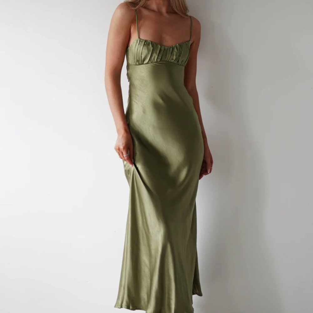 Oh Hello Clothing Grace Satin Maxi Dress Olive Green XS